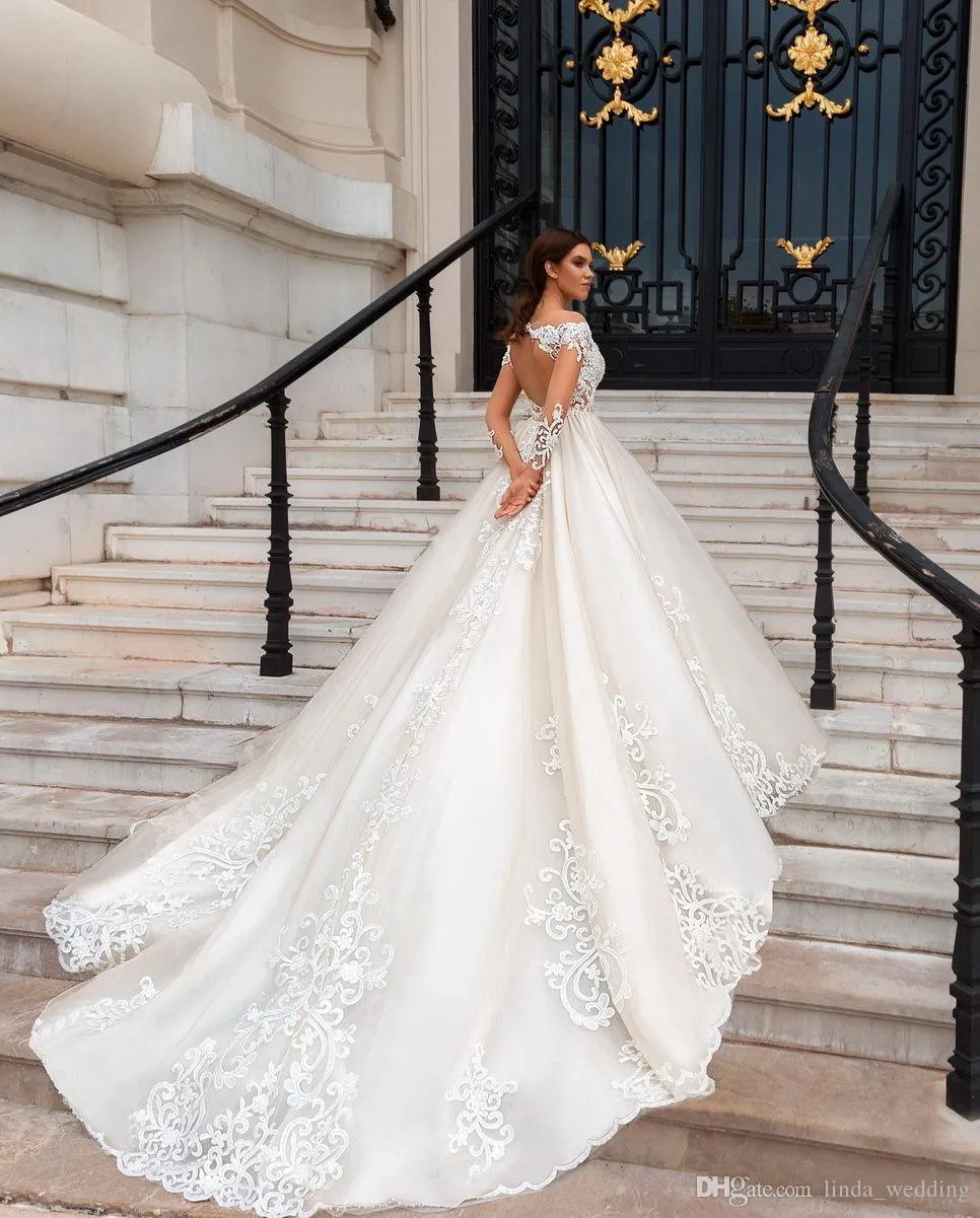 Bride Lalamira Wedding Customizable 2019 Line A Wedding Dress With Lace  Appliques, Long Sleeves, Chapel Train, And Backless Design Plus Size  Available From Linda_wedding,