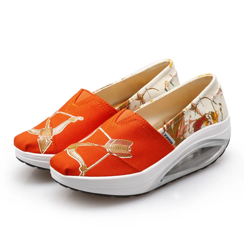 Hot Sale-oes Women Shape-up Wedge Sneakers Slip On Canvas Loafers Platform Light Cushion Fitness Swing Shoes