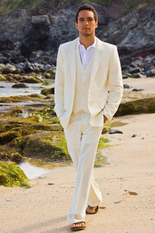 3 stuk beige linnen pak zomer strand pak voor bruiloft broek vest casual