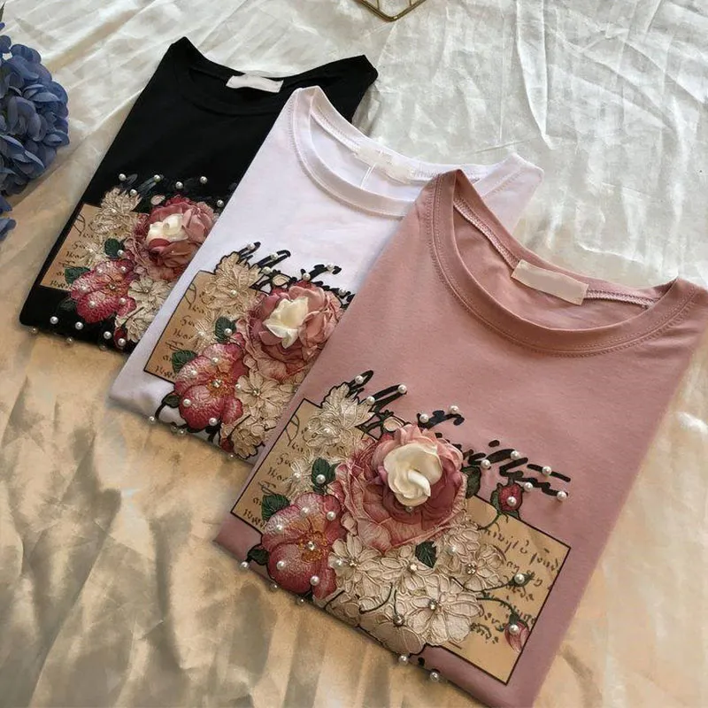 Camisetas femininas com apliques de pérolas 3D beading tops decote em O manga curta camiseta feminina 2020 primavera verão casual solta senhora camisetas