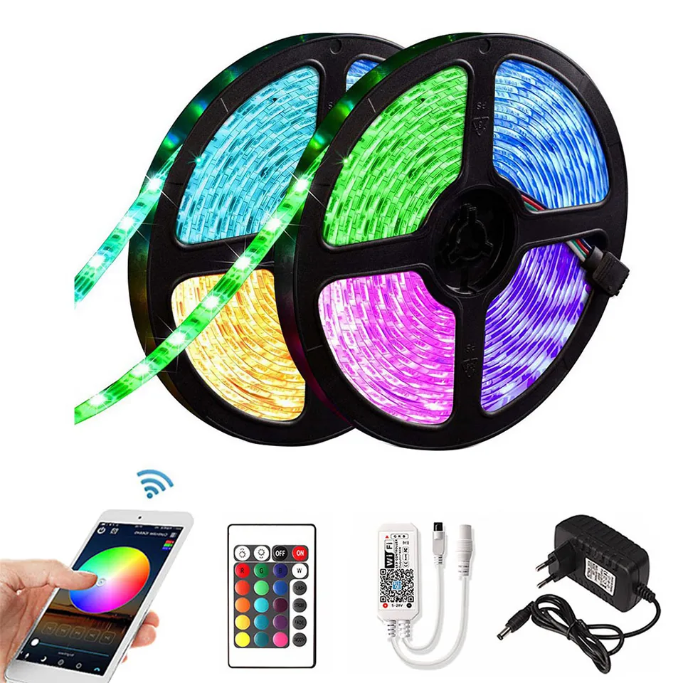 5m 10m 15m RGB LED Strip 2835 DC 12V Waterproof WiFi Flexible Diode Tape Ribbon Fita Tira LED Light Strips With Remote + Adapter
