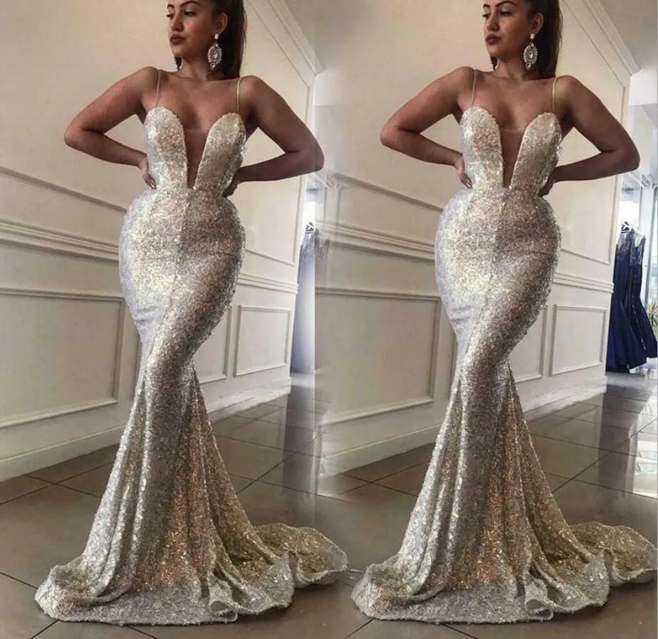 Sparkly Mermaid Prom Dresses Plus Size Sexy Spaghetti Evening Dress Sleeveless Sweep Train Party Red Carpet Runway Fashion Gowns