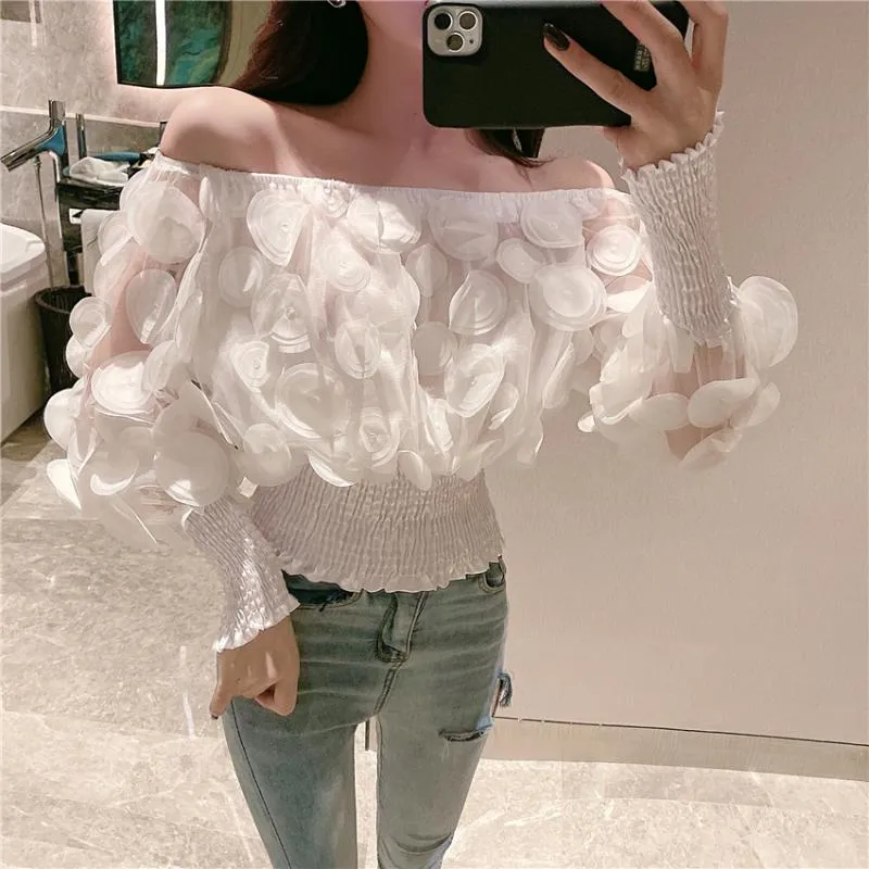 DHgate.com:Womens Off-Shoulder Mesh Sheer Puff Sleeve Tops