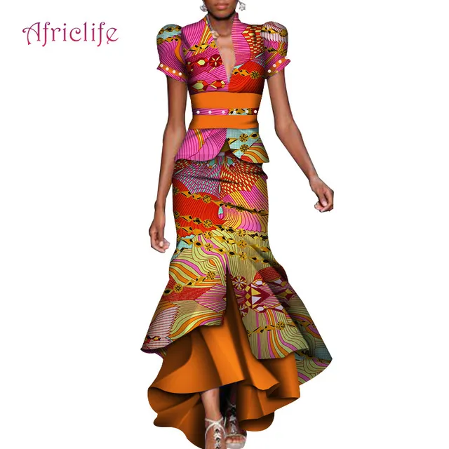 2019 Damska sukienka Dwa Kawałki Zestaw Kobiety Rękaw Puff Topy Topy Long Maxi Spódnica Zestawy Afryki Mermaid Maxi Odzież 6XL WY4211