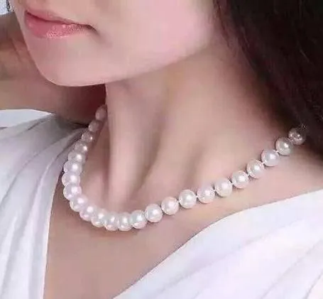 9-10mm Natural South Seas White Pearl Necklace 17inch 14K guldlås