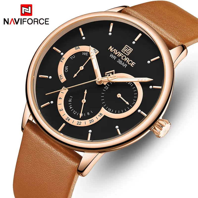 NAVIFORCE Men's Fashion Watch Leather Business Wristwatch, Waterproof  Quartz Clock with 24 Hour Display, Relogio Masculino