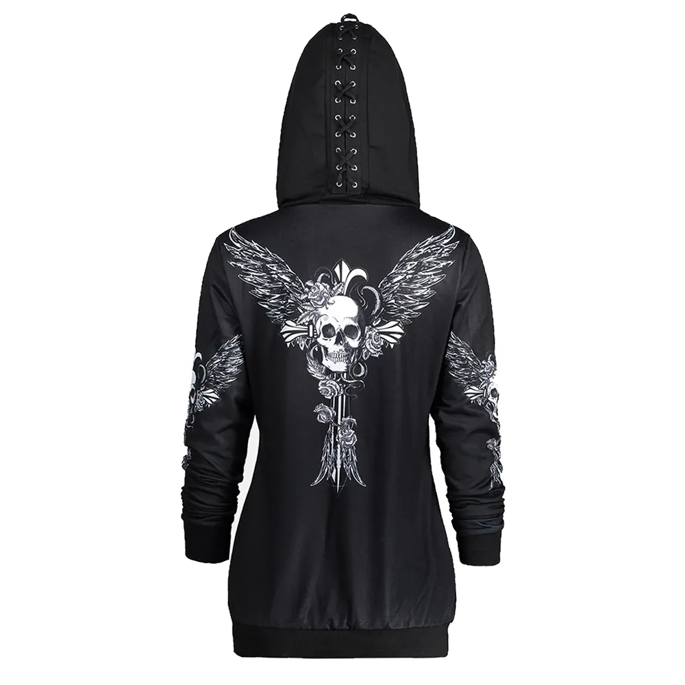 Gamiss Hoodies sudadera mujer encaje encaje arriba hat cráneo alas de impresión cremallera con capucha estilo punk estilo femme casual capucha jersey mujeres arriba