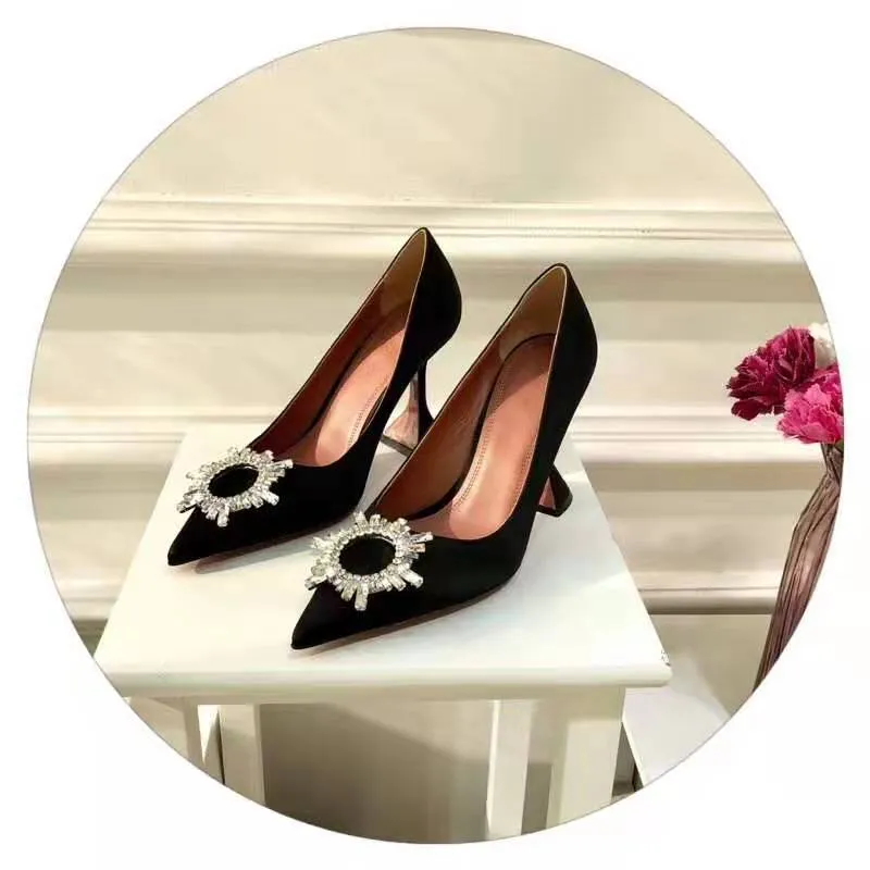 New Brand Amina Luxury Muaddi High Heel Shoes Woman Black Silk Satin Pumps 95mm Goblet Heel Sunflower Crystal Embellished Shoes