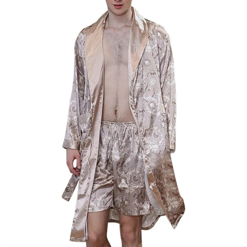 Men Simulation Silk Print Pajamas Lingerie Robe Bathrobe Dressing Gown Man Two-piece Suit Male Sexy Hombre Robe Male Summer