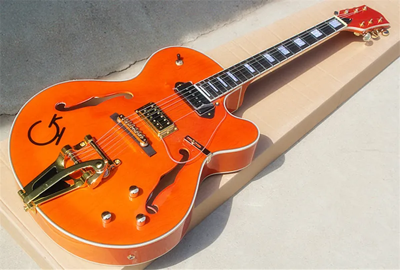 재즈 세미 - 중공 더블 F 홀 Orangel 일렉트릭 기타, Bigby 다리 및 황금 하드웨어, 사각형 프렛, 로즈 우드 fretboard.