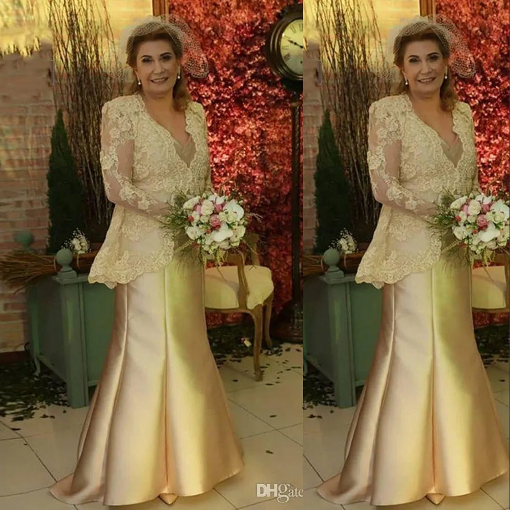 Gold Mutter der Braut Kleider V-Ausschnitt Spitze Applikationen mit Jacke Plus Size Hochzeitsgast Kleid Meerjungfrau Abend Party Kleider Mutterkleid