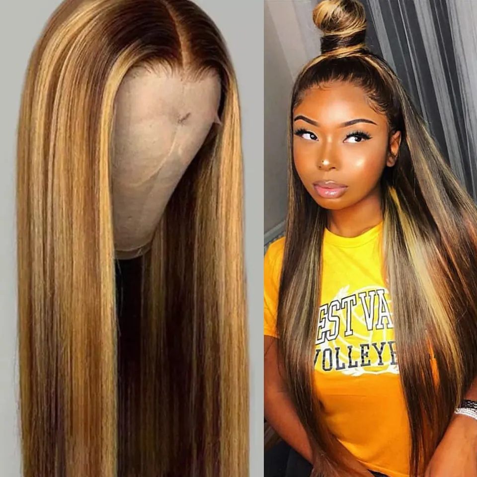 Lace front ombré brown to blonde middle part wig Amazon.com : Yllies Honey Blonde Highlight Ombre Middle Part  main image 3