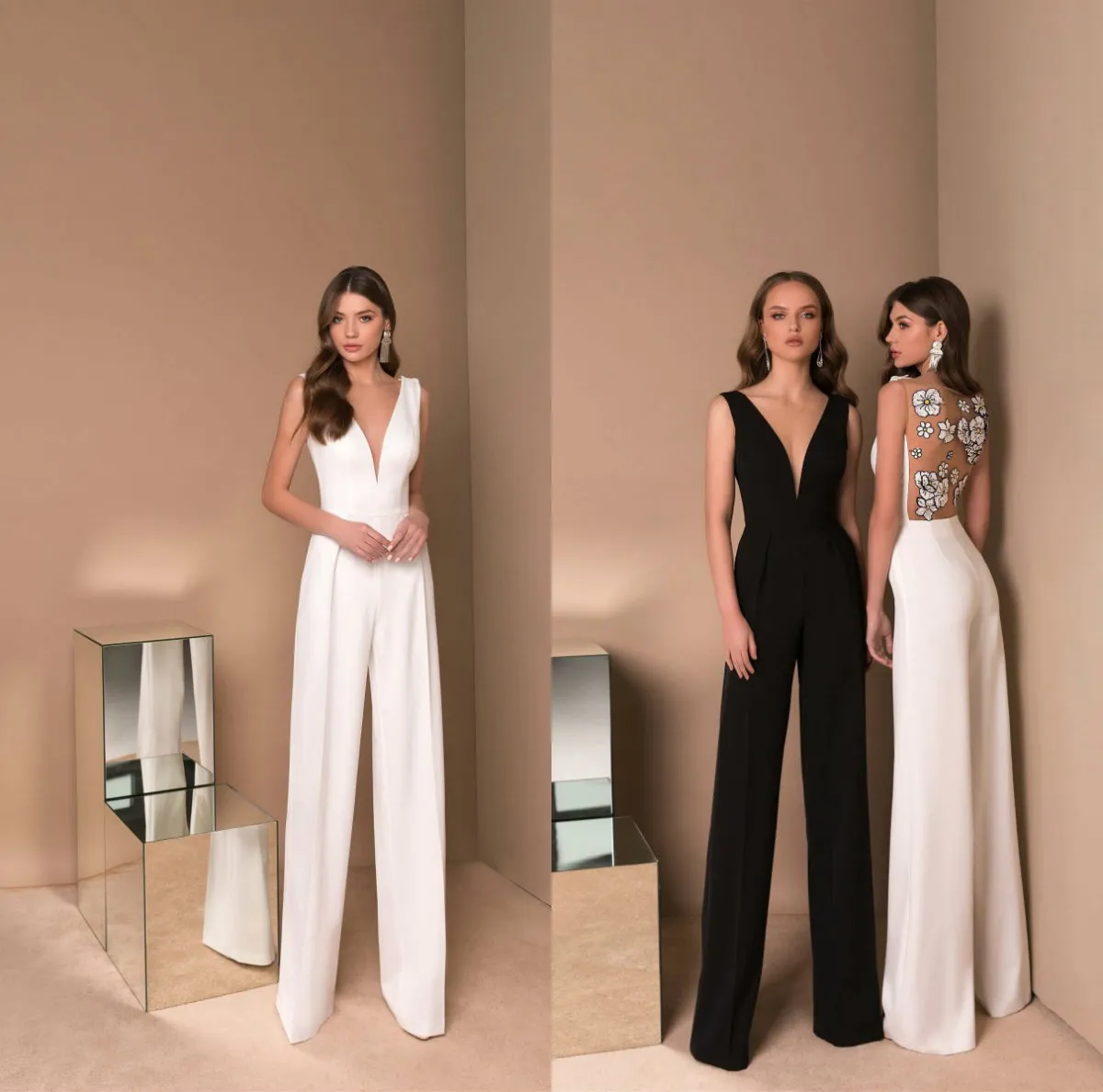 Modest A Line Evening Prom Pant Trajes con cuello en V sin mangas Spaghetti Satin Applique Party Dress Floor Length robes de soir￩e