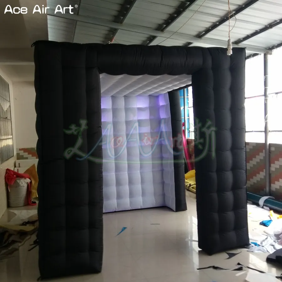 Black 2,4m Iluminação LED Inflável Photo Booth Cube Tentada Personalizada Photo Canto do cenário com cortina para festas e eventos