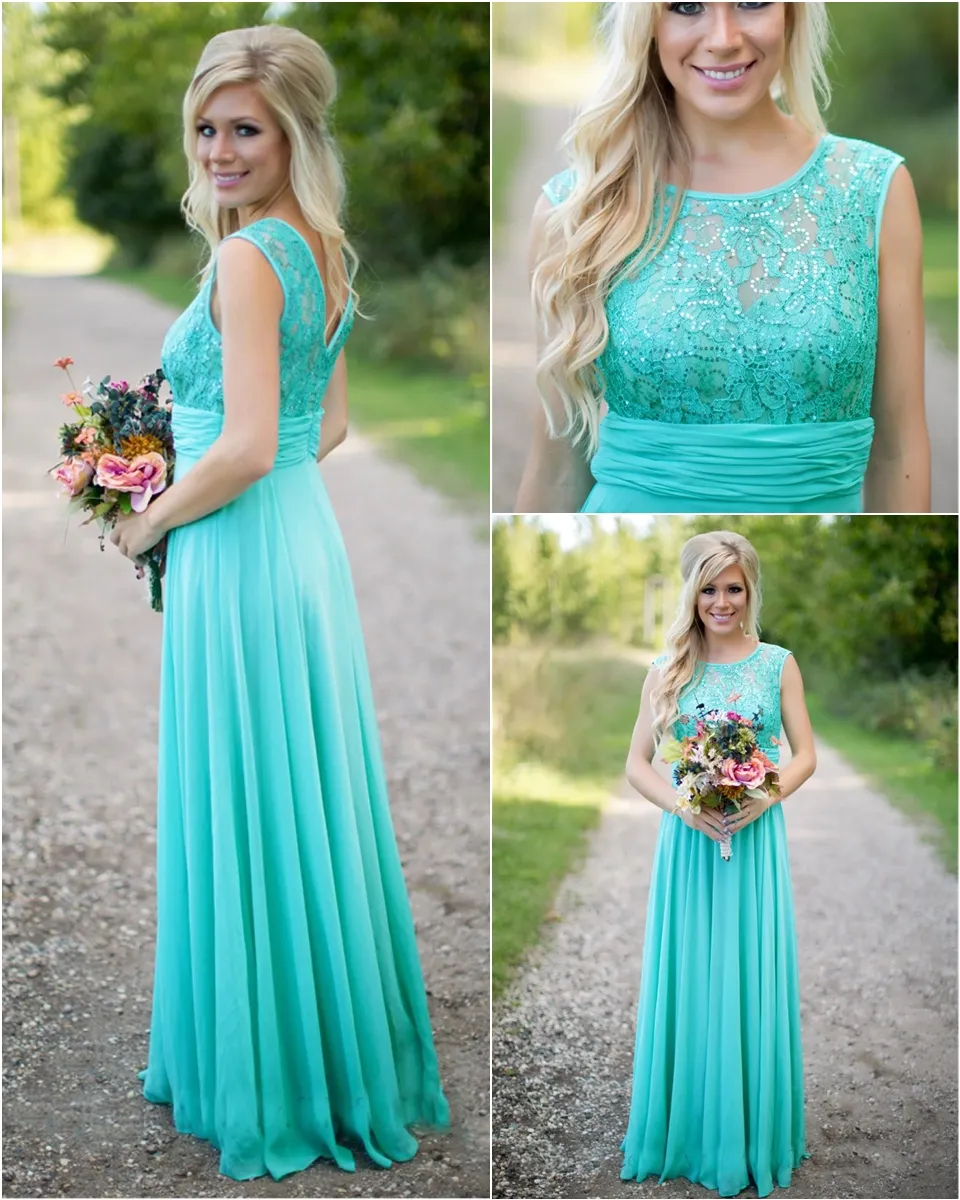 2020 Abiti da damigella d'onore per la cerimonia nuziale New Teal Country Abiti da damigella d'onore Scoop A Line Chiffon Pizzo V Backless Long Cheap