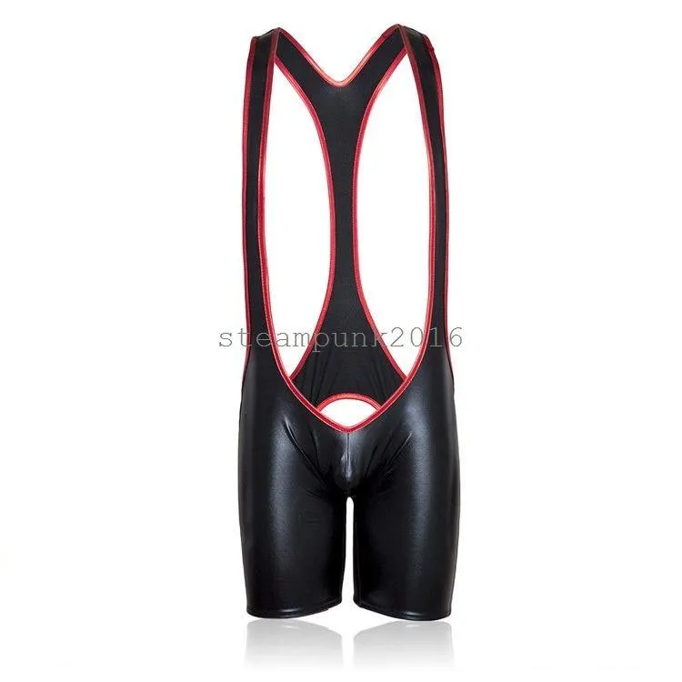 Bondage Hot Men Patent Leather Wrestler Singlet Mankini Bodysuit Shorts Backless Thong AU65