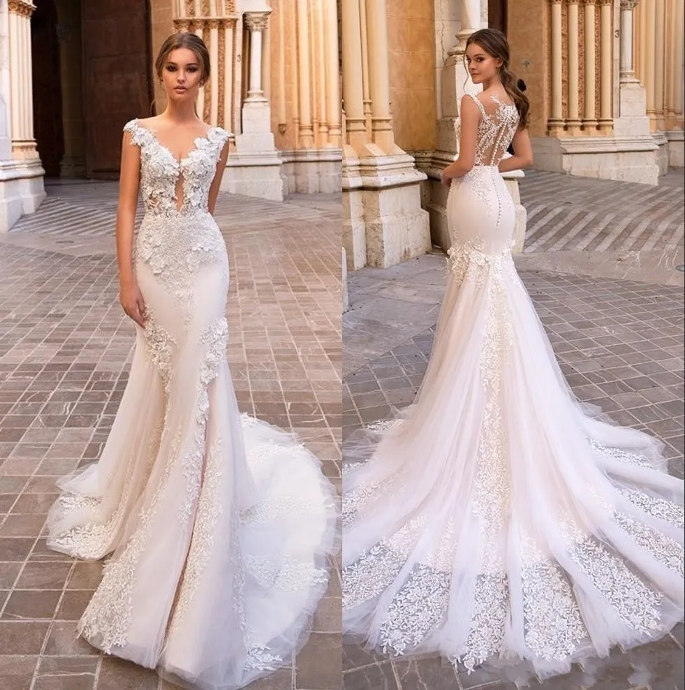 FN2019 Nouvelles robes de mariée de luxe sirène col en V manches cape tulle dentelle appliques moyen-orient sexy dos balayage train plus la taille robes de mariée