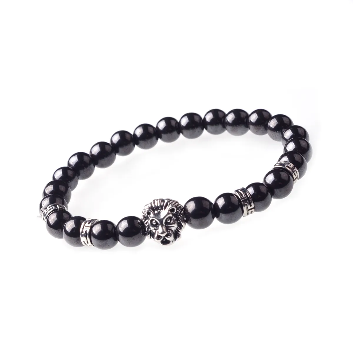 Bracelet à breloques en perles de lave noires naturelles pour hommes, perles de Lion doré, 8mm