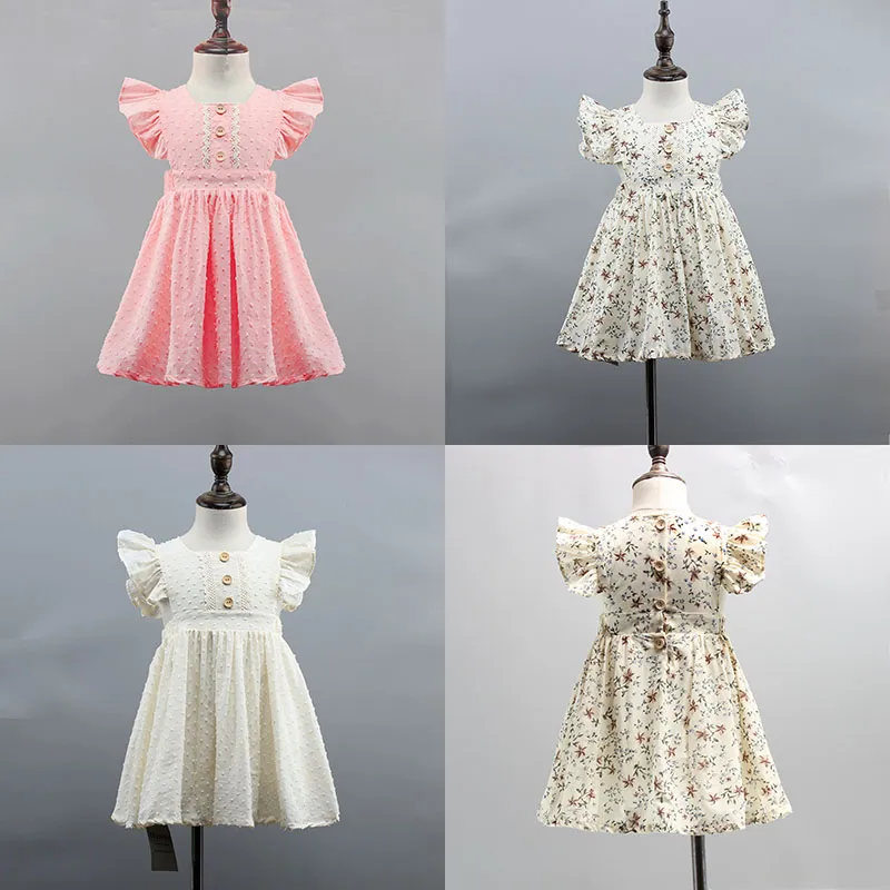 Enfants Filles Princesse Robe Bébé Volant Manches Flroral Plissé A-ligne Robes D'été Plage Robe Enfant Coton Vêtements M1723