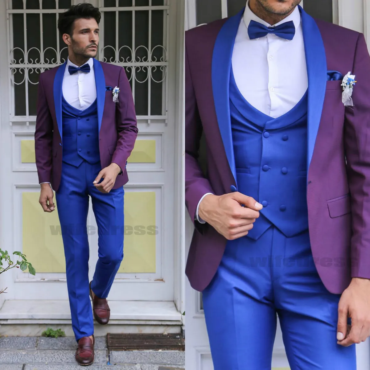 패션 웨딩 턱시도 신부 신랑은 남자를위한 3 조각 파란색과 자주색 형식 신랑 턱시도 옷깃 (재킷+바지+타이+조끼)