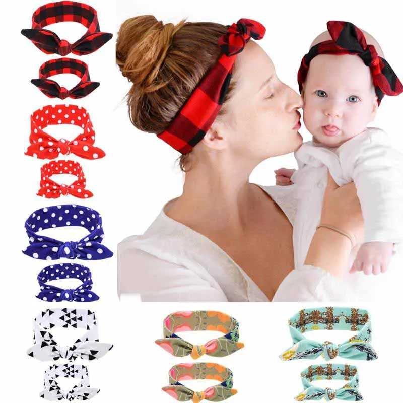 2020 2pc / Set DIY menina mãe da mamã orelhas de coelho Headband Plaid Bow Hairband Turban Knot Headwrap