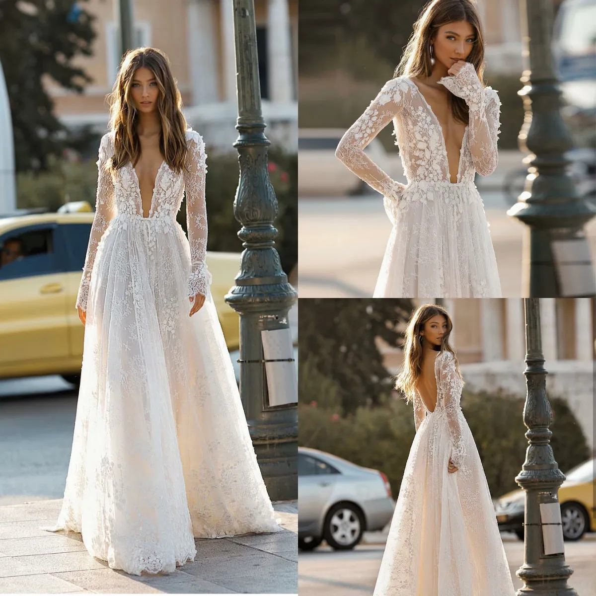 Berta 2019 Sahil Gelinlik Dantel Uzun Kollu 3D Çiçek Aplikler Tül Artı Boyutu Gelinlik Backless Gelinlik Custom Made