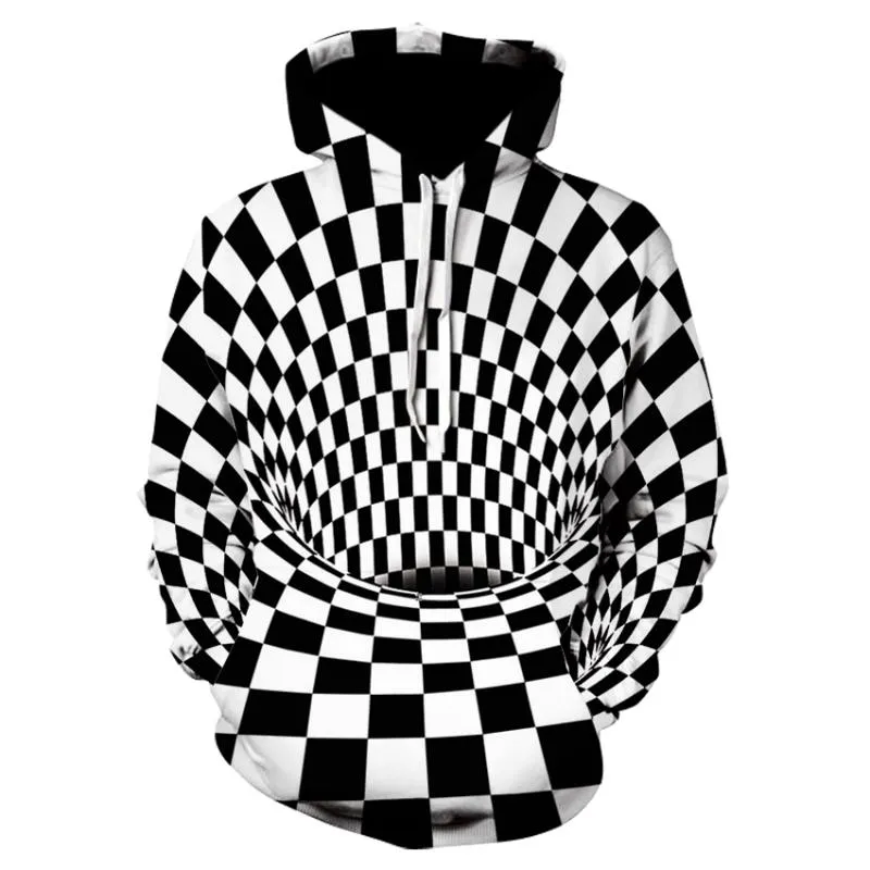 Personalidade elegante personalidade preto e branco xadrez homem de manga longa esportes fina de alta qualidade hoodie hipnótico