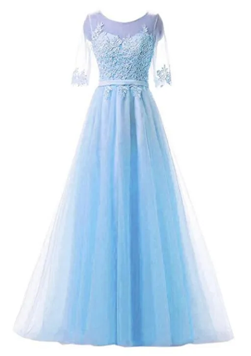 Cielo azul cielo azul longitud dama de honor vestidos de dama de honor de tul de honor con aplique a-line media mangas honor vestidos nupciales para jardín