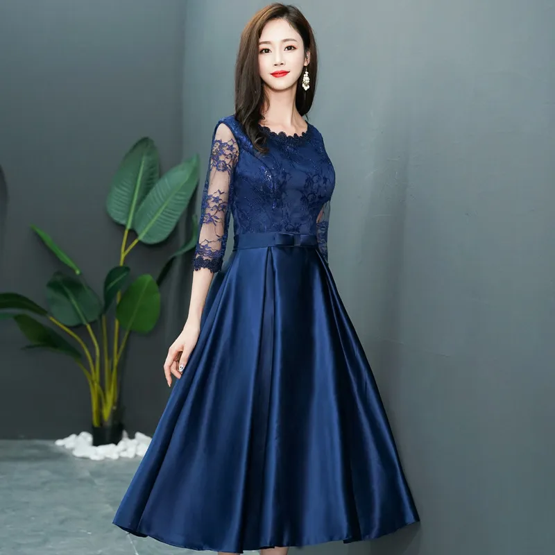 Manga vestido azul marino largo una línea de noche elegante vestido de fiesta de cuello redondo Manga vestido azul marino largo una línea de noche elegante vestido de fiesta de cuello redondo