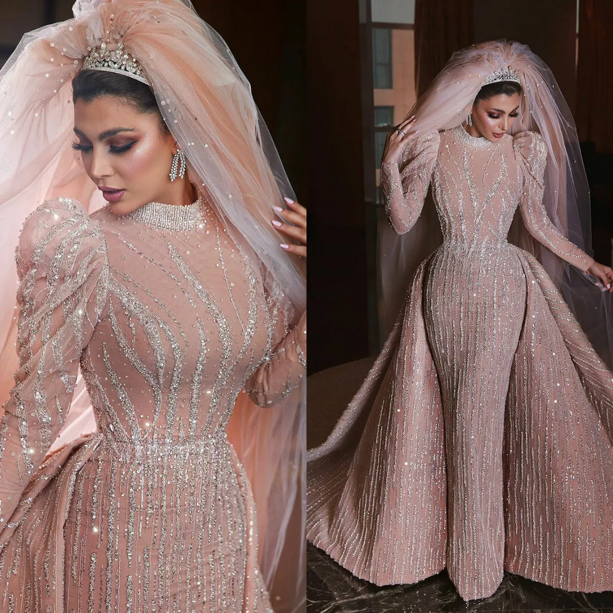 Arabiska Beading Mermaid Bröllopsklänningar med avtagbart tåg 2020 Långärmade kristallbröllopsklänningar Lyxiga kläder de Mariée
