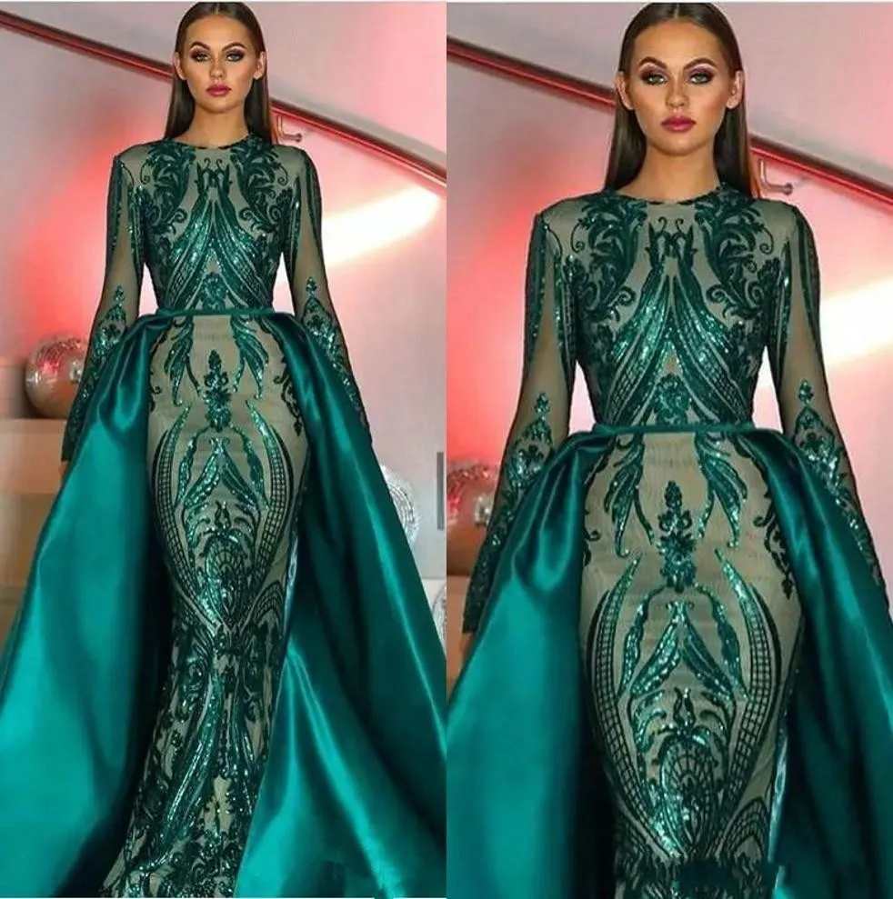 2020 Emerald Green Long Sleeves Mermaid Evening Dress with Detachable Train Abaya Kaftan Dubai Muslim Prom Dress robe de soiree BC2230
