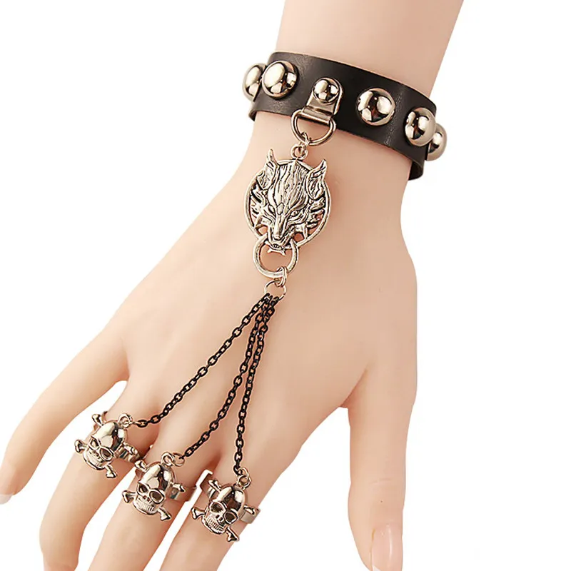 2-in-1-Armband, Ring, Punkrock, breite Armbänder, siamesische Ringe, Herzflügel, Skelett, Legierung, Kunstleder, Persönlichkeit, Designer-Herrenschmuck