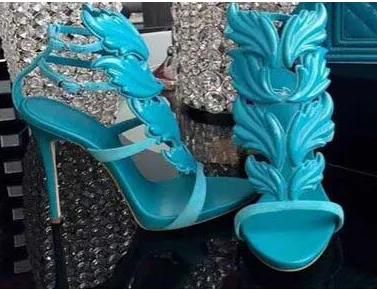 Vente chaude-Luxe Femmes Daim Cruel Escarpins D'été Poli Feuille De Métal Doré Ailé Gladiateur Sandales À Talons Hauts Chaussures Avec Boîte D'origine