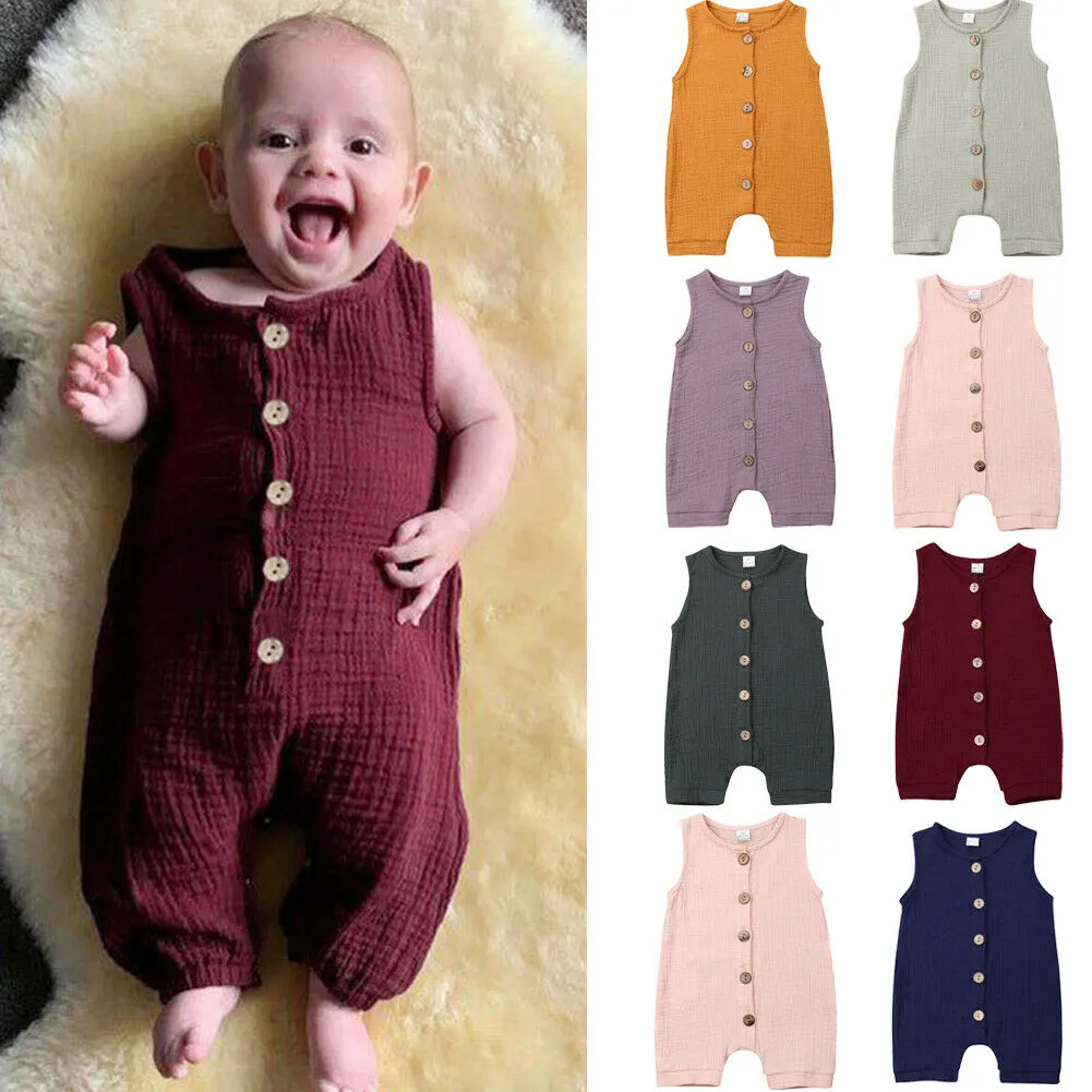 2019 Baby Sommer Kleidung Neugeborenes Baby Junge Mädchen Baumwolle Leinen Strampler Ärmel Einreiher Unisex Overall Overall 0-24 M