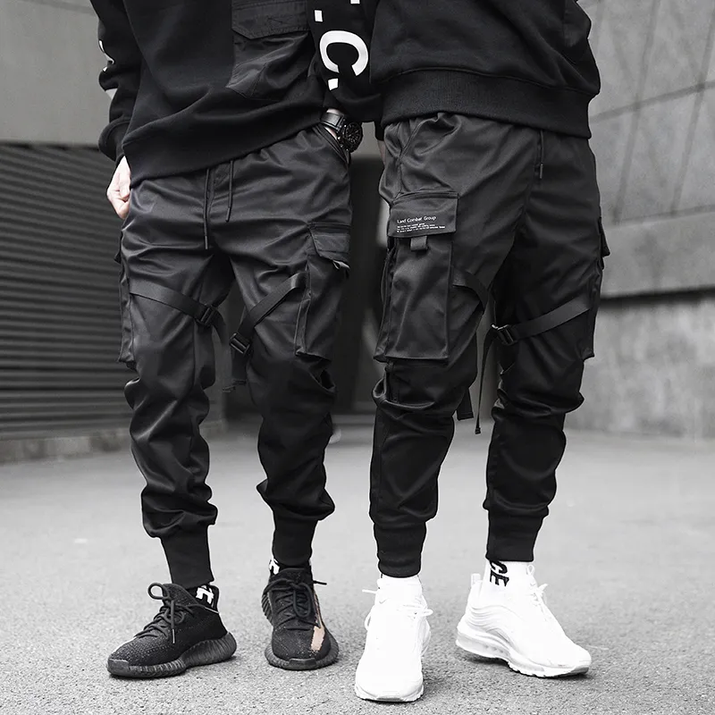 Hommes noir poche Cargo pantalon rubans bloc Slim crayon pantalon Harajuku mode pantalon de survêtement rue Joggers Hip Hop pantalon