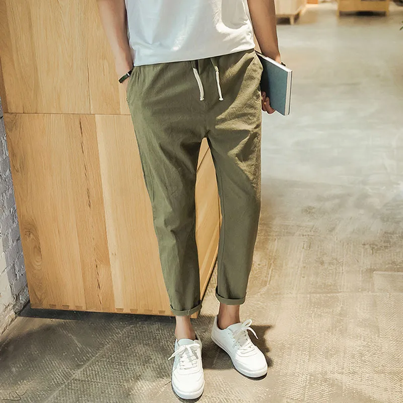 Hot Summer 2020 Joggers Linen Slacks Men's Nine Minutes Of Pants Pure Color Cultivate One's Morality Mens Trousers Free Shipping