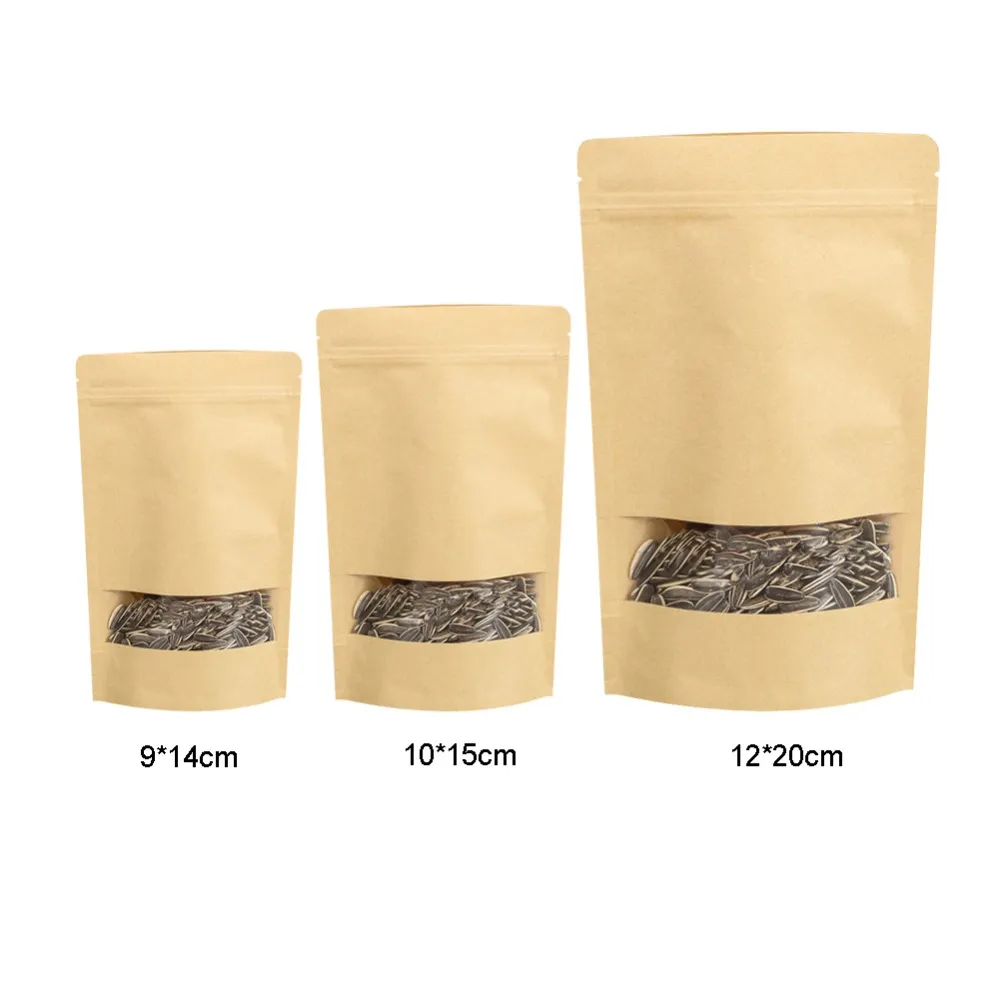 10pcs / Jogo de café Sementes doces selo Kraft Paper Bag Janela Stand Up Pouch selável Cor Cinza atacado Drop Shipping