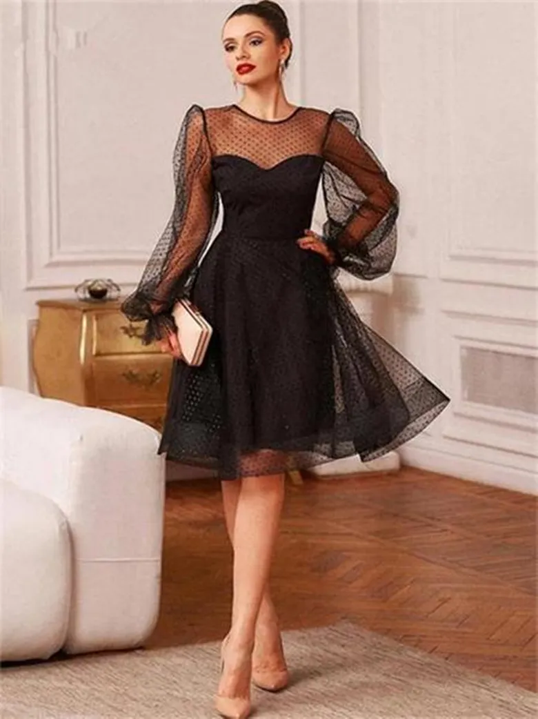 Black Short A-Line Evening Dress with Puff Long Poet Sleeves and Jewel  Neckline Knee-Length Tulle Lace Gown from Dhgate Evening Dresses - price  159.8