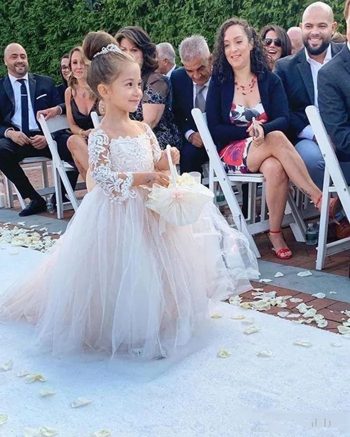 2020 Blush Flower Girl sukienki na wesela suknia balowa z długimi rękawami tiul opaska dziecięca długa pierwsza komunia sukienki mała dziewczynka