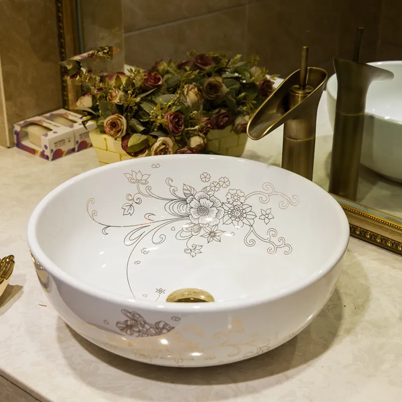اللون الأبيض جينغدتشن السيراميك الفن كونترتوب غسل حوض وعاء للحمام المصارف