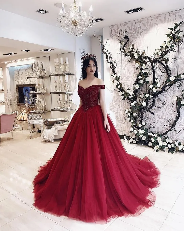 Ball Gown Burgundy Tulle Red Prom Dress 2019 African Plus Size Evening Formal Dresses Abiti da sera