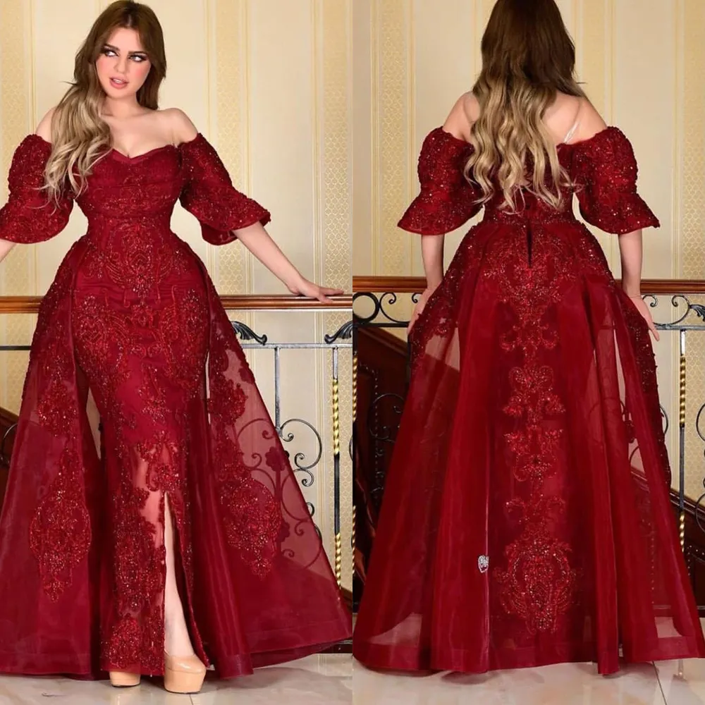 Arábia Saudita Borgonha Borgonha vestidos de noite com saia destacável fora do ombro manga curta formal vestidos de baile árabe frontal