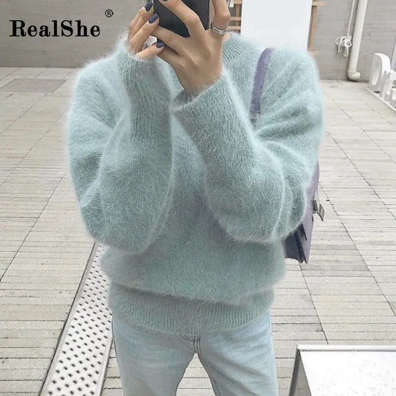 RealShe Cashmere Sweater Women 2020 O-Neck Långärmad Solid Kvinna Sweater Spring Casual Elegant Varma Tröjor Ladies Pullovers