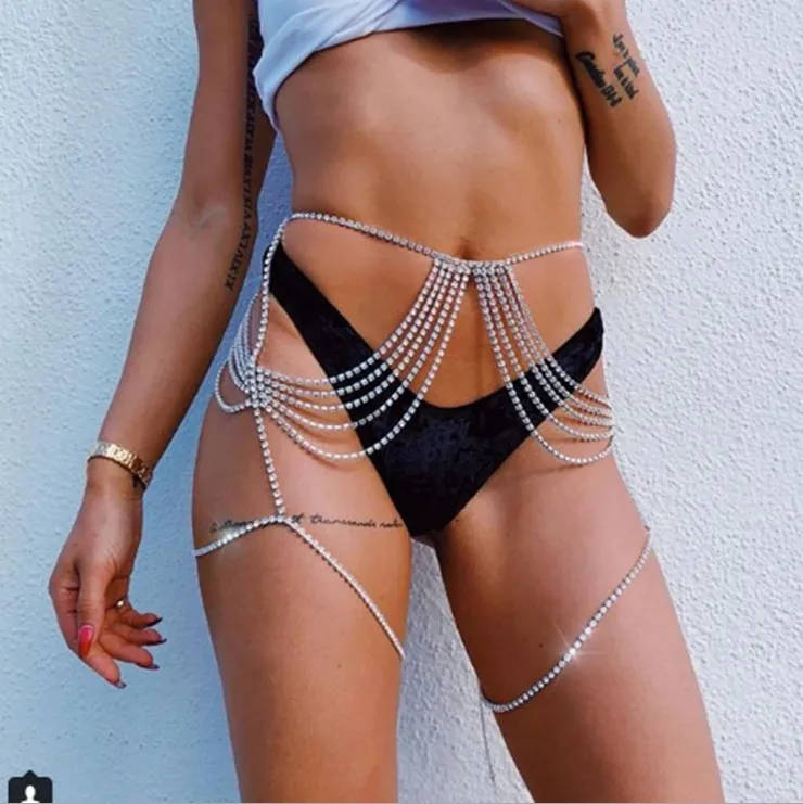 Fashion- Design Multi cup chain crystal leg chain women sexy body jewelry hiphop rhinestone belly chains rock body chain288z