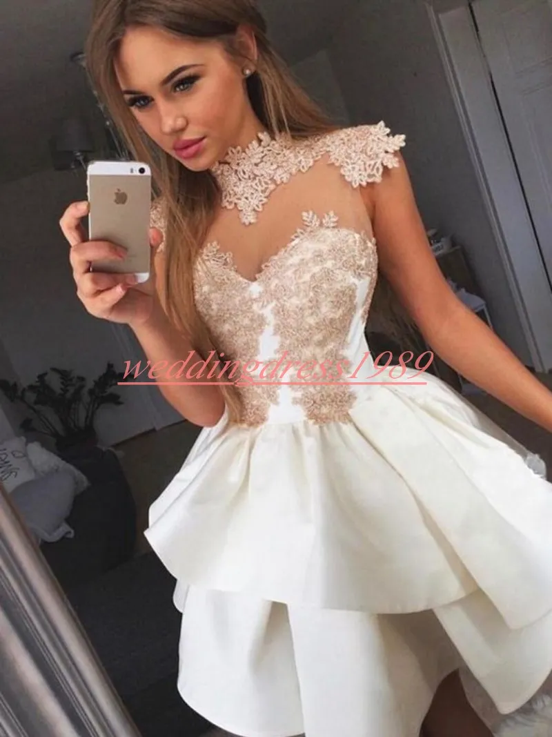 Moda Wysokiej Neck Koronki Sukienki HomeComing Drużyna Sheer Aplikacja Arabska Długość Kolana Krótki Prom Dress Cocktail Graduation Party Club Nosić