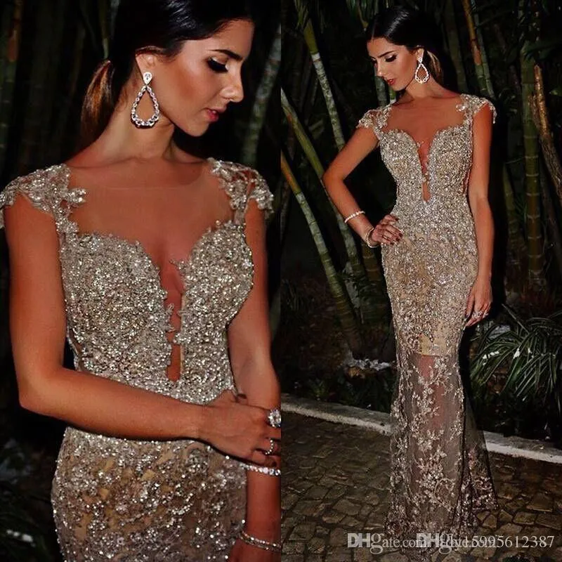 2023 Lentejuelas Blingbling Árabe Sheer Cuello redondo Sirena Vestidos de noche Mangas casquillo Ver a través de la falda Vestidos de fiesta atractivos Vestidos de fiesta 95