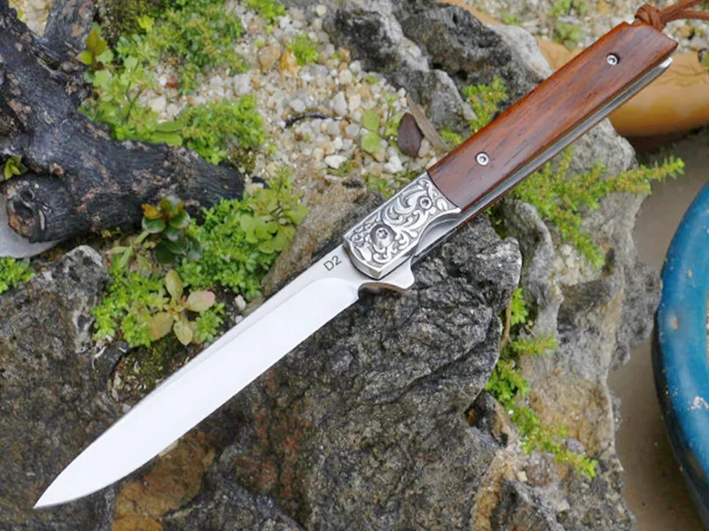 Coltello pieghevole Flipper di alta qualità D2 Drop Point Lama con finitura satinata Manico in palissandro Cuscinetto a sfera Coltelli ad apertura rapida