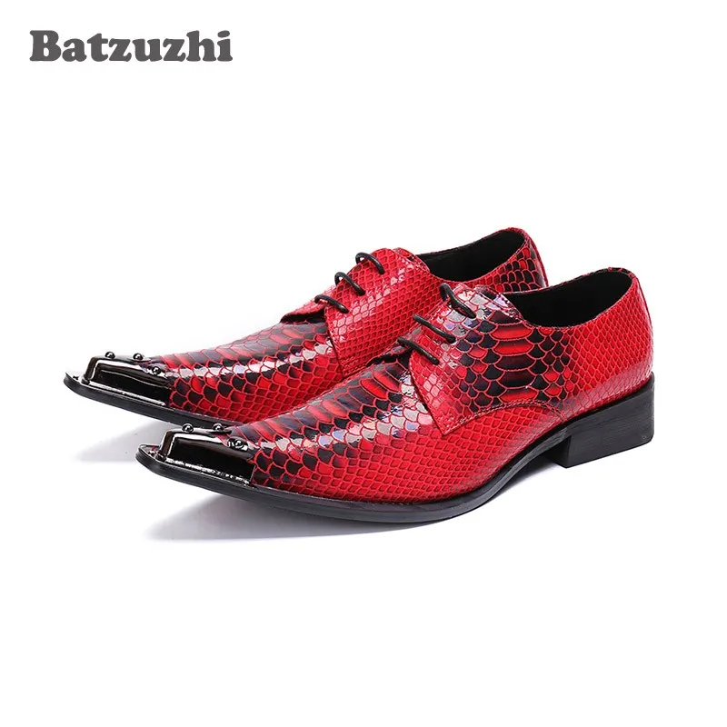 Batzuzhi Western Fashion Men Shoes Scales Pattern Scarpe eleganti in pelle Uomo Red Wedding Scarpe da uomo Zapatos Hombre Lace-up Punta in metallo