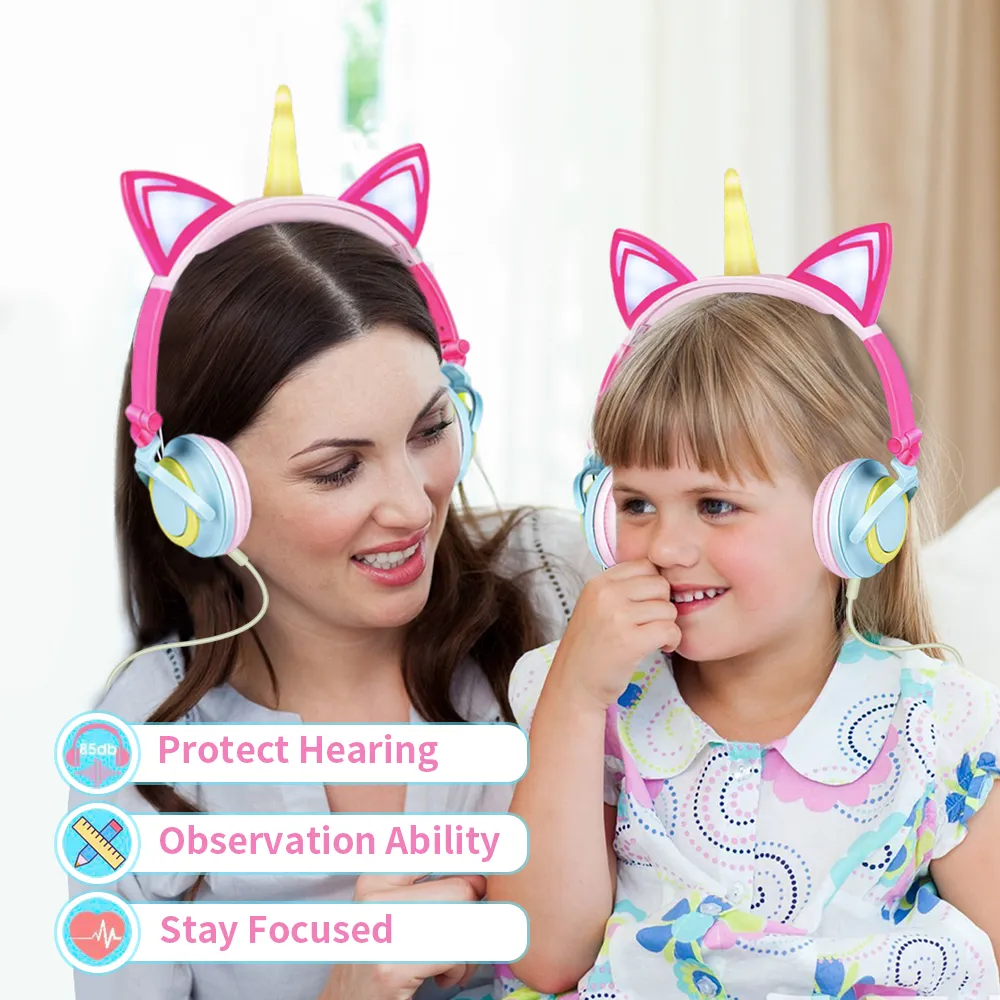 Funny Kids Headphone Led Light headset Unicorn Headphones Girl Cartoon Gamer PC fone de ouvido dobrável Música Jogos Overear Headset Auriculares