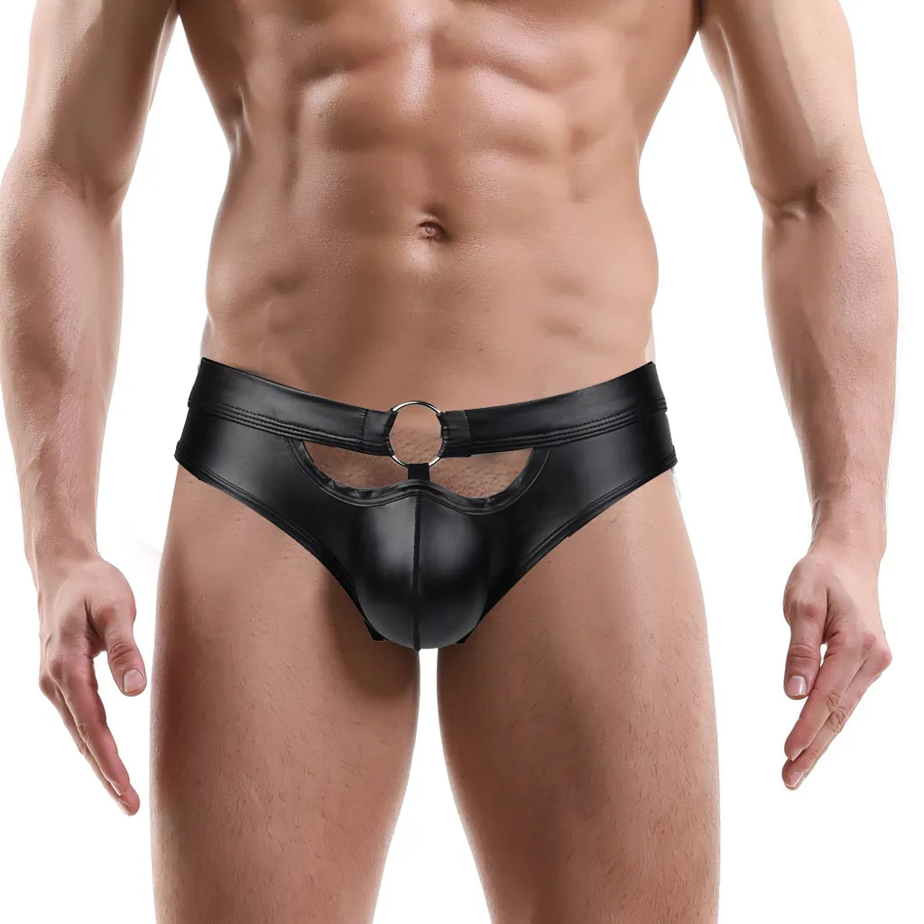 Nya Mäns Gay Underkläder Imitation Läder Gay Tillbaka Tomma Briefs Cueca Sexy Cutout Underbyxor PU Faux Leather Patent Läder Shorts